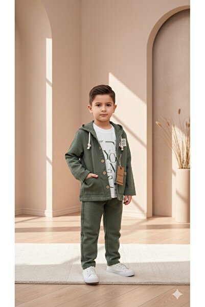 PARK BEBE Boy's Muslin Linen Fabric Set 3-Piece Hooded Jacket Rubberized Hem ...