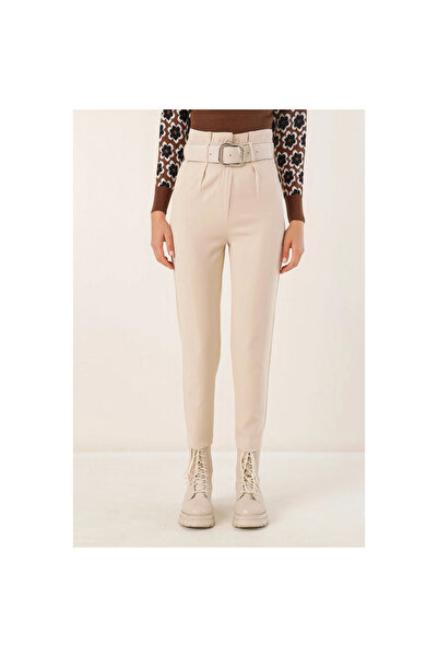 A&WİSE 6556 Belted Fabric Trousers - Cream