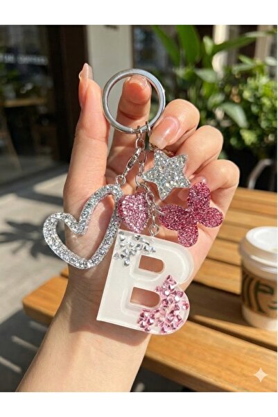 ELIVORA B Harf Gümüş Yıldız Halka VIP Taşlı Ekstra Figürlü Epoksi Harf Anahta...