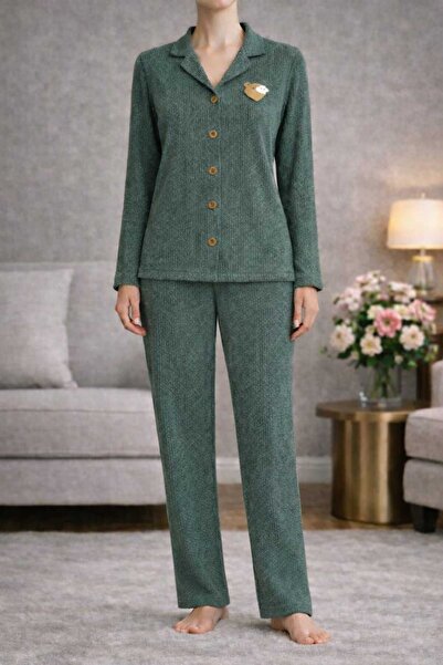 Store Kadın Haki Gömlek Yaka Pijama Takımı – Havana Kumaş, 2’li Set, Rahat Kalıp
