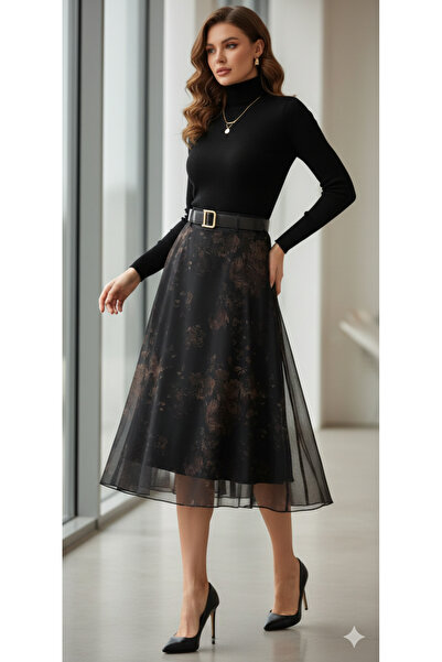 MODA Siyah kahve desenli astarlıkemerli premium diz altı tül etek