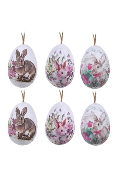 OEM Ouă decorative albe de Paște cu imagine de iepuraș 5cm - 6 buc