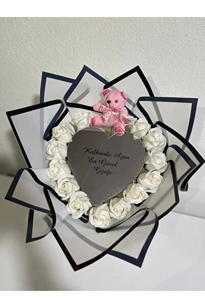 greendeco Ayıcık -Ayna- Beyaz Gül Aranjman -özel gün buketi -sevgiliye hediye