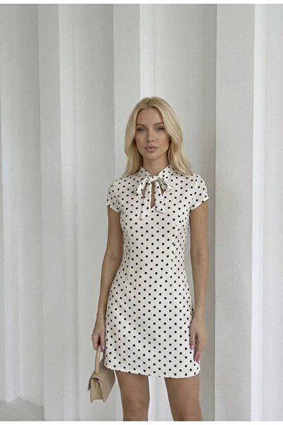 asyadabutik Rochie scurtă de damă, cu șireturi și imprimeu cu buline