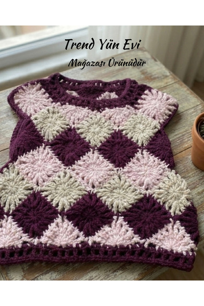 TrendYünEvi El Örgüsü Esme Süveteri Yeleği (Kalın İp) (38-40 Beden)