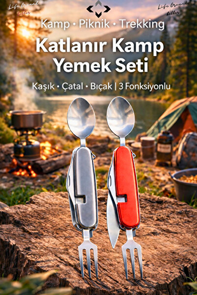 LİGROUND 2’li Katlanır Kamp Yemek Seti | Kaşık Çatal Bıçak 3 Fonksiyonlu Outd...