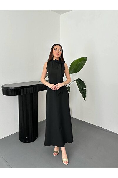 asyadabutik Women's Bow Detailed Zero Sleeve Long Dress