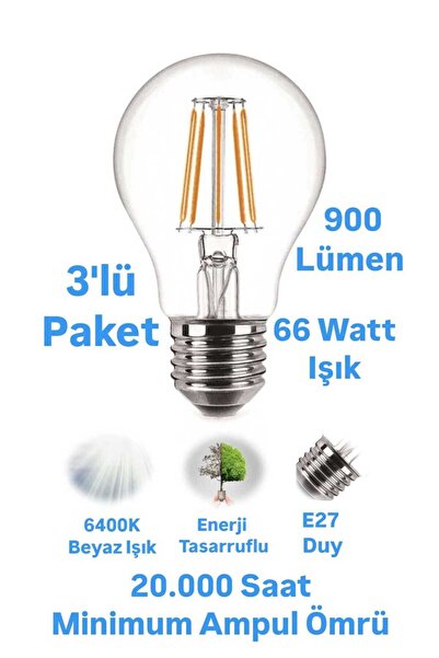 repplam 3'lü Paket 8W Rustik Led Ampul Beyaz Işık 900 Lümen E27 Duylu Dekorat...