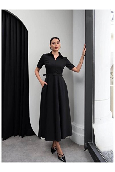 mafdress Kadın Gömlek Yaka Siyah Kemer Detay Elbise