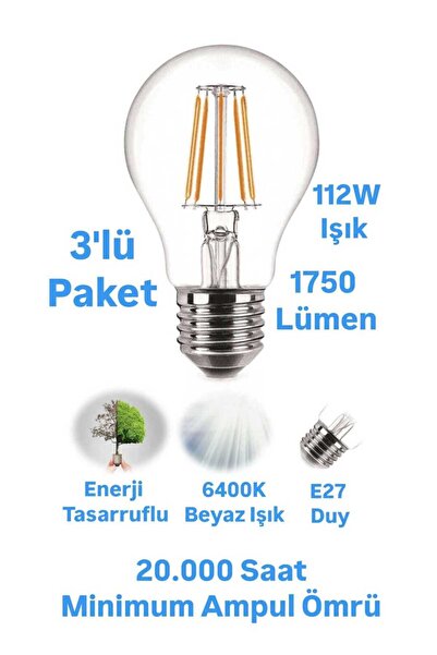 repplam 3'lü Paket 15W Rustik Led Ampul Beyaz Işık 1750 Lümen E27 Duylu Dekor...