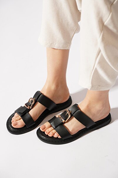 Moda Pie Metener Mid-Post Buckle Women's Slippers Black Skin