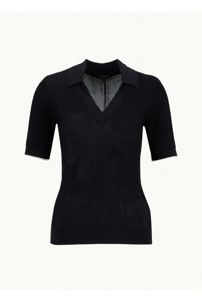 Fabrika Polo Yaka Slim Fit Düz Örgü Desenli Siyah Kazak Kadın F6SL-KZK0065