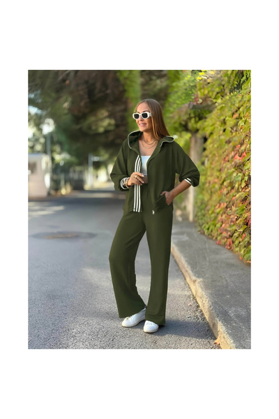 GENİRA Women's Long Sleeve Hooded Onu Striped Detail Zippered Viscose Two Thr...