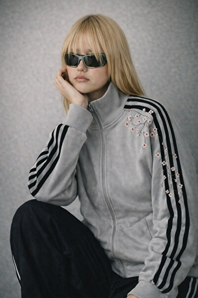 Gofeel Çiçek Nakışlı Şeritli Unisex Fermuarlı Ceket