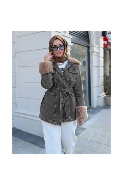Genel Markalar Yakası Ve Kolu Kürklü Önü Bağlamalı Cepli Kot Ceket -Füme