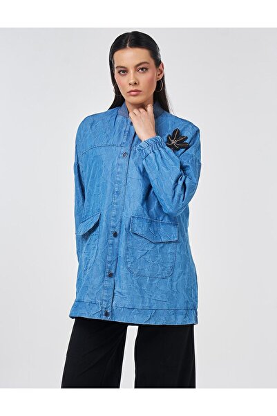 Kayra Kabartma Desen Kolej Yaka Ceket İndigo