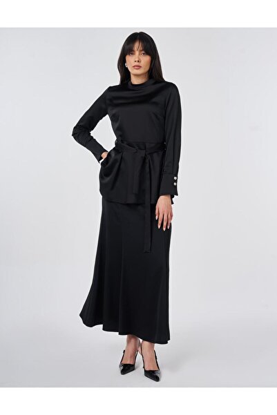 Kayra Bluză din satin cu detaliu tip centură, neagră