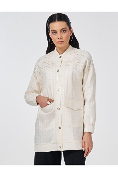 Kayra Jacquard Jacket with Embroidery Detail Cream
