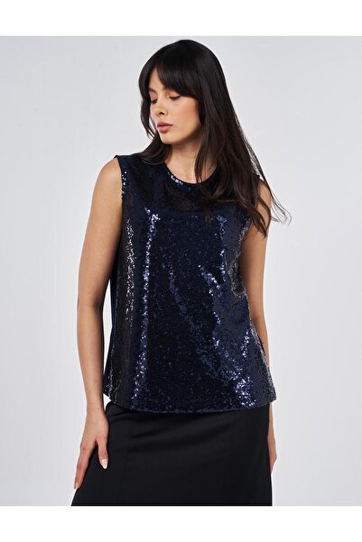 Kayra Bluză cu paiete cu decolteu în formă de O, albastru închis