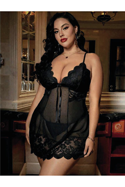 VOUX Siyah Büyük Beden Tül Gecelik