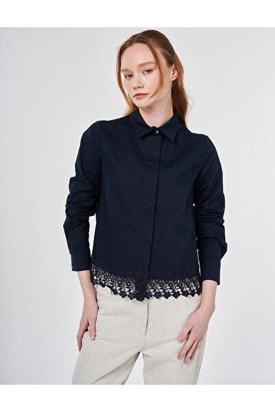 Kayra Lace Embellished Cotton Blouse Dark Navy Blue