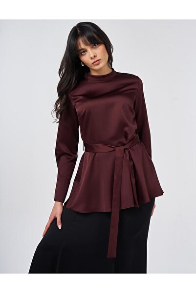 Kayra Kuşak Detaylı Saten Bluz Bordo