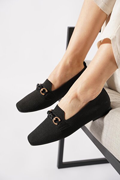 Moda Pie Ferdes bocuk buckled knitted women's flat shoes black