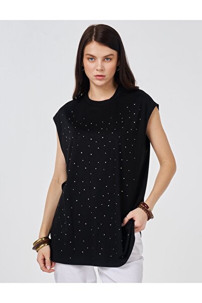 Kayra Hotfix Printed Sleeveless Viscose Blouse Black