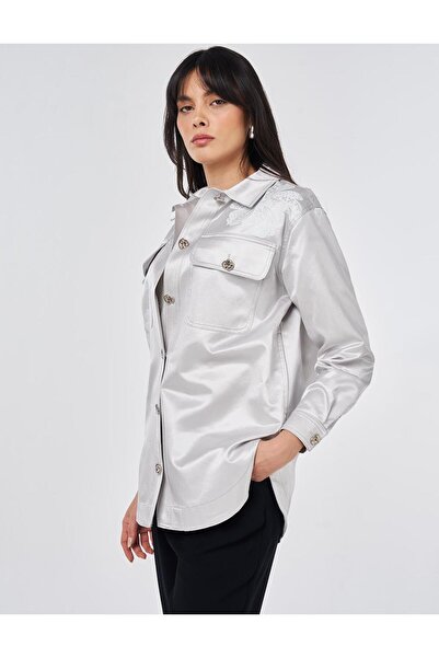 Kayra Floral Print Detailed Jacket Silver