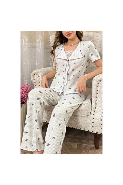 COjans طقم بيجامة رومانسية بنقشة زهرة التوليب باللون الأبيض والأرجواني 7335