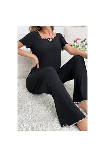 velmorafashion Black Crew Neck Cotton Summer Pajamas Set 7343