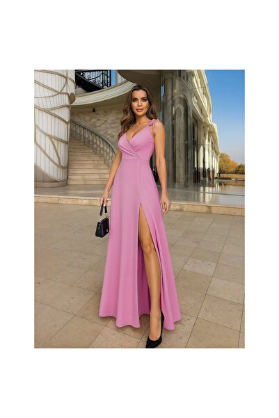 Pazarcan فستان نسائي من الكريب Janjan بحزام على الكتف وياقة مزدوجة الصدر وفتح...