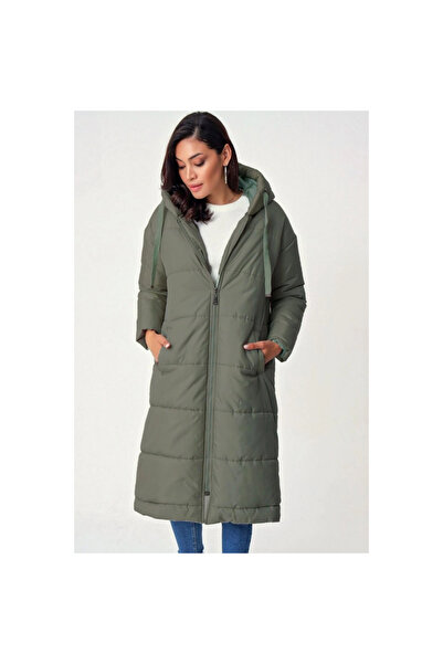 COjans معطف طويل بقلنسوة ثابت مع تفاصيل عين الطيور - كاكي