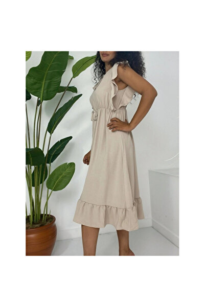 trend_ermege Shoulder ruffled elastic waist zero sleeve midi length ayrobin d...