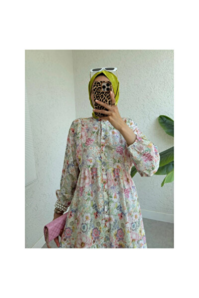 Genel Markalar Yarım Düğmeli Kolu Lastikli Çiçek Baskılı Elbise -G.Kurusu