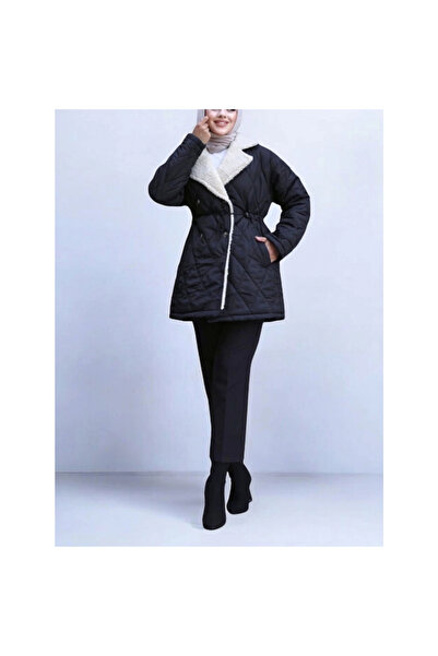 utku soydan معطف مبطن بتفاصيل قطيفة وخصر مطاطي - أسود