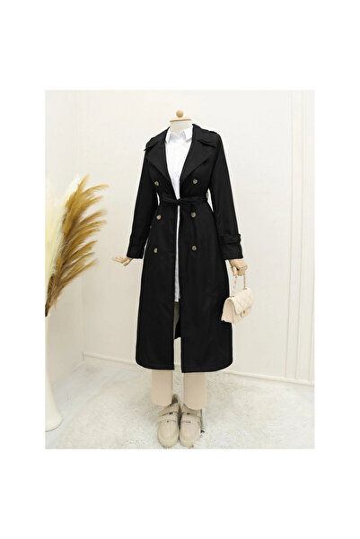 Genel Markalar Astarlı Kemerli Trenckot -Siyah
