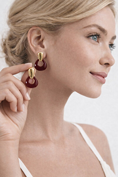 VELYRA Bordo Gold Sallantılı Kadın Küpe | Şık ve Modern Küpe Modeli