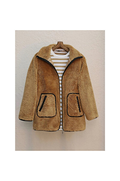 COjans Double pocket zippered lined plush coat -cinnamon