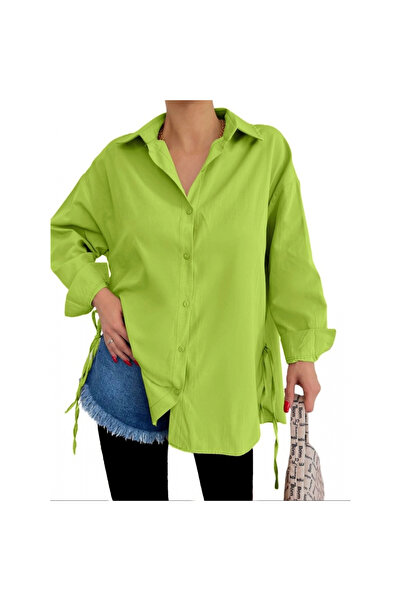 trend_ermege قميص طويل من الخلف مع أربطة على الجوانب - أخضر داكن