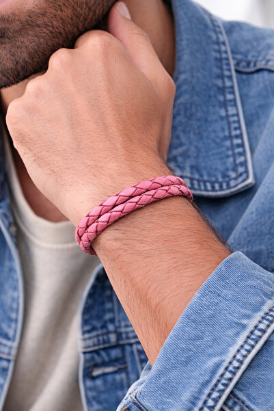 HER ŞEY NOTA www.herseynota.com Pink Fuchsia Genuine Leather Braided Men's Br...