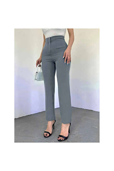 MACMODA بنطال عالي الخصر بتفاصيل جيب - رمادي