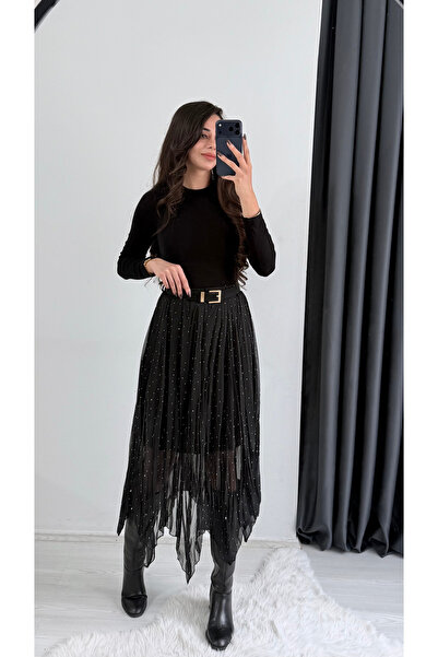 Sedaunlu Harle Siyah Taşlı Maxi Asimetrik Etek