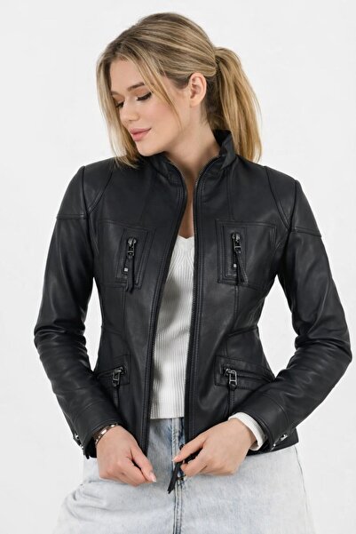 DeriWork Kadın Siyah Fit Hakiki Deri Ceket