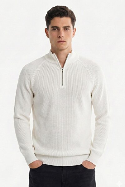 Sabri Özel Ekru Slim Fit Dokulu Fermuarlı Yarım Balıkçı Yaka Erkek Triko Kazak