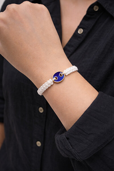 Handmade White Macrame Knitted Geometric Minimalist Bracelet with Mine Detail