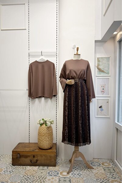 Faya Boutique Mürdüm Geçişli Piliseli Şifon Etek