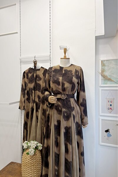 Faya Boutique Camel Desenli Stonella Şifon Elbise