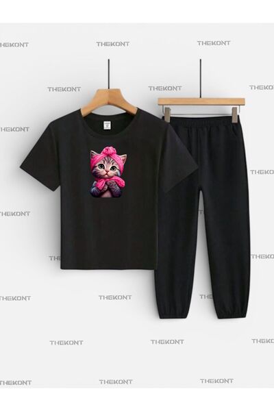 THEKONT طقم أطفال مطبوع عليه شكل قطة سكر (تي شيرت - بنطلون رياضي بجيوب)