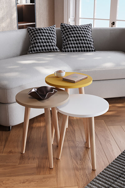 woodaria 3’lü Yuvarlak Zigon Sehpa Takımı – Ahşap Ayaklı, Modern Tarz, Kahve ...